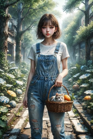 Cat wearing overalls and carrying a basket, street style, wearing blue jeans, white T-shirt with transparent/translucent effect, forest style, stripes, urban street life scene, -ar 9:16, long legs and hot body, more Multi-detail XL