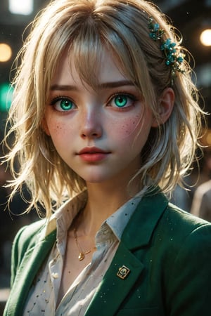 girl with long platinum blond hair in green blazer and white blouse, azure eyes, shy smile, in the style of hyper-realistic atmospheres, anime aesthetic, dotted, fenghua zhong, close up, light gold and dark emerald, 32k uhd 