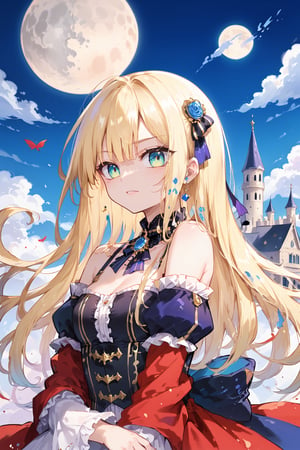 Elegantism, opulent scene, full portrait of a Victorian lady, heroic, black clothes, gold trim, full moon, castle, head and shoulders portrait, 8k resolution. (masterpiece, top quality, best quality, official art, beautiful and aesthetic:1.2), (1girl:1.4), upper body, blonde hair, portrait, extreme detailed, in the style of esao andrews

BREAK,source_anime,score_7_up,score_8_up,score_9