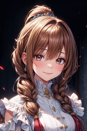 (8k,masterpiece, best quality, highres), 1girl,long hair, ((hair pulled back hairstyles)), brown hair,brown eyes, smile,(closed mouth:1.2) ,delicated eyes, delicated face,hair accessories,focus,portrait