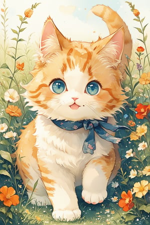there is a small orange kitten walking through a field of grass, cute and adorable, beautiful and cute, cute kitten, ginger cat, adorable appearance!!!, an adorable kitten, adorable and cute, cute and lovely, cute cat photo, lovely and cute, cuteness, aww, in a field of flowers, beautiful picture of stray, cute cat, !! looking at the camera!!