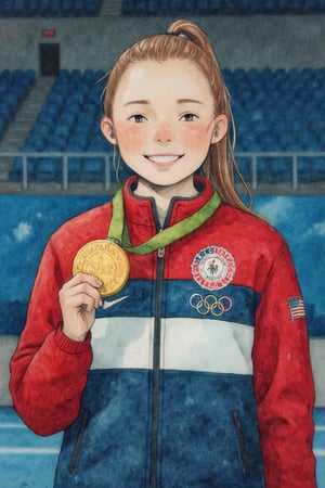 Masterpiece, realistic, Award ceremony at paris olympic games, Show off your gold medal, Happy, high quality, high quality, High resolution, (Super detailed), Olympic, athlete from America,  Tracksuits, Upper Body, paris olympic title on her clothes