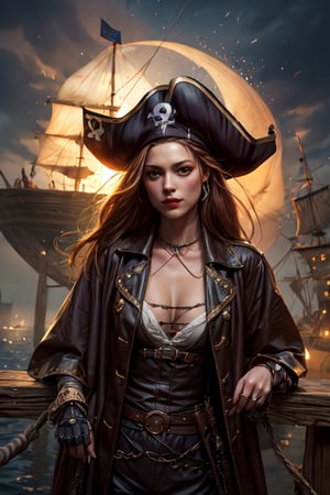 absurdres, highres, ultra detailed, (1girl:1.3), BREAK ,official art, beautiful and aesthetic:1.2), (1girl), extreme detailed,(fractal art:1.3),colorful,highest detailed,perfecteyes,female pirate,Pirates of the Caribbea,fancy pirate costume