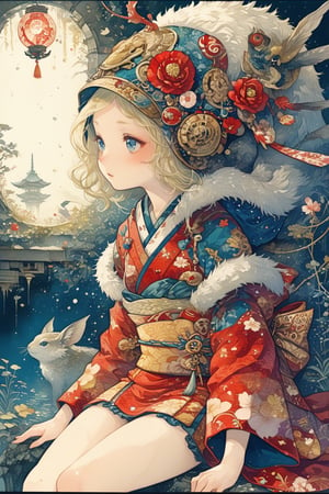 Kyoto Animation stylized anime, a sensual woman with blonde hair, and blue eyes, with detailed ornate fur hooded kimono, red hooded kimono, miniskirt, fantasypunk. Cinematic lighting, ethereal light, intricate details, extremely detailed, incredible details, full colored, complex details, insanely detailed and intricate, hyper maximalist, extremely detailed with rich colors. masterpiece, best quality, HDR, UHD, unreal engine. Representative, fair skin, rich in details High quality, gorgeous, 8k, super detail, gorgeous light and shadow, detailed decoration, detailed lines,glitter