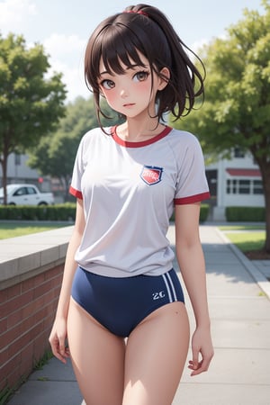 absurdres, highres, ultra detailed, (1girl:1.3),BREAK ,(teenage girl:1.3), intricate detailed gym uniform),(buruma:1.2),front view,looking at viewer,(thigh:1.3),cute pose,(strong wind:1.3), 