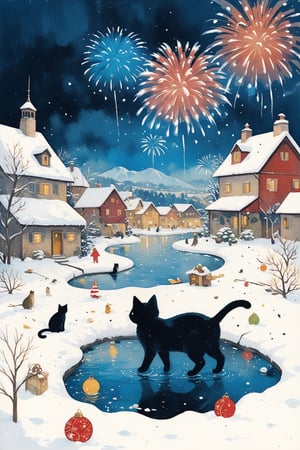 masterpiece, best quality, domestic_long-haired_cat, flat color, oil painting style, winter season, Christmas, snow, with colorful fireworks, flooded
,ink ,oil paint