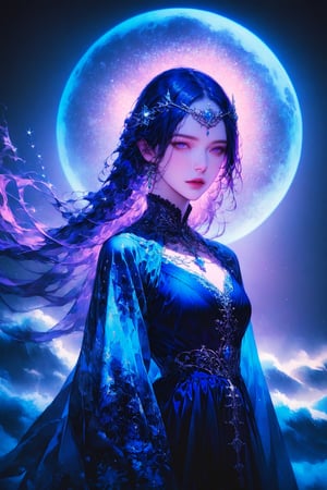 Here's a potential digital illustration based on your description:  -Title:- 'Moonlit Enchantress'  -Image:-  The illustration features a fantastical, ethereal woman standing against a backdrop of a large, glowing moon and a shimmering, starry night sea. Her hair flows like a river of purple, with intricate, delicate strands that seem to come alive in the moonlight.  She wears a stunning, ornate gown that's been meticulously designed to showcase her beauty and elegance. The gown is a deep, rich purple color, with intricate flower patterns and sparkling jewels that catch the light. Her headpiece is a masterpiece of complexity, with delicate, curved petals and glittering gemstones that seem to shimmer and shine.  Around her, a halo of light and butterflies creates a magical aura, as if she's conjuring up the very essence of the moon and sea. The moon above casts a soft, gentle glow over the scene, illuminating the waves and creating a sense of peace and tranquility.  -Color Palette:-  - Deep, rich purple for the hair and gown - Soft, shimmering blue for the moon and sea - Delicate, pale pink for the flowers and gemstones - Gold and silver for the jewelry and accents  -Style:-  The illustration is done in a highly detailed, realistic style, with a focus on capturing the beauty and elegance of the subject. The character is rendered in a lifelike way, with intricate textures and patterns that add depth and dimension to the image.  -Mood:-  The mood of the illustration is one of enchantment and mystery, capturing the essence of a magical, otherworldly moment. The subject's serene, ethereal expression and the dreamlike quality of the scene create a sense of wonder and awe, as if the viewer has stumbled upon a hidden, mystical world. 