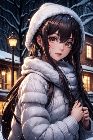 (masterpiece, best quality)     TifaFF7, 1girl, solo, long hair, red eyes, black hair, in a winter wonderland,TifaFF7