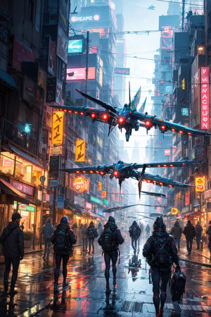 A futuristic cityscape with flying cars and neon lights reflecting on wet streets