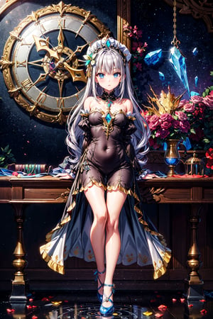 Hide hands,(Magic circle),Principal,((Gem)),elegant,(holy),extremely detailed 8k wallpaper,(painting),(((ink))),(depth of field),((best quality)),((masterpiece)),(highres),(((ink))),(illustration),cinematic lighting,((ultra detailed)),(watercolor),detailed shadow,(((1girl))),(detailed flooding feet),(((((long top sleeves past fingers))))),((motion)),beautiful detailed fullbody,(leg up),(((sapphire frills))),(((yokozuwari in the golden cage))),gold cage,(birdcage),{{{very long dress cover feet}}},(translucent fluttering dress with lace},{{detailed skin}},(((long Bright wavy hair))),Juliet_sleeve,(((hands hide in puffy sleeves))),((bare shoulders)),flat_chst,((Crystal shoes)),((((arms behind back)))),(((extremely detailed cute anime face))),Jewelry decoration,((expressionless)),(Iridescent Gem Headwear),(Beautiful detailed gemological eyes),((melting silver and gold)),looking_at_viewer,{detailed bare foot},Obsidian bracelet,,gold arm ring,(Precious refraction),{splash},{{optical phenomena}},detailed glow,(lightroom),(shine),chains,reflective,Gemological ornaments,Cosmic background of nebula,((silver thorns)),(huge golden clock core above),gear,falling petals,Window pane,beautiful water,Colored crystal,mirror,Silver frame,canopy,detailed Diamonds,(Columnar crystal),(Columnar crystal),Latin Cross Budded,(Sputtered broken glass from inside to outside),(flow),dark