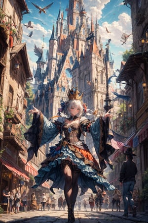 4k,intricate detail,wallpaper,absurdres,high resolution,ultra colorful art, ,depth of field,ray tracing,spectacular, old Renaissance age amusement,grand Circus,flying random animals,dancing crowns,Frame,Magical Fantasy style