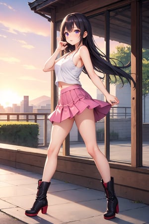 masterpiece, top quality, best quality,1girls,Korean, beautiful face, smile, long hair, 19 years old, tank top, pink skirt, boots, hills, full body view, sunset,sexy pose