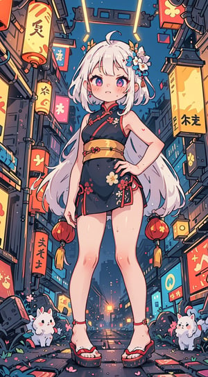 Sexy Pose , (masterpiece),(solo), 1 Japanese beauty, white hair ,  (high sexual attraction,long hair), in the dark night, (sexy Chinese Hanfu+body implants) ,(highly detailed background of ancient Indian achitechture with neon lights) ,Cyberpunk,Enhance,  Chinese fantasy art