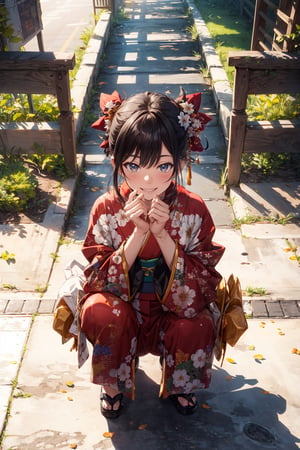 from above, Real lighting, (realistic:0.7), (3D:0.7), (solo:1.3),(first sunshine:1.3), (sheine background:1.3), Cloud cover, looking down,kimono,squatting,Embarrassed,Happy smile