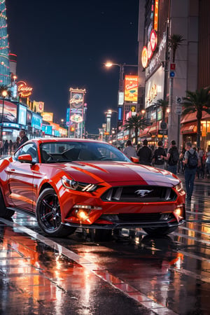 Photo of a classic red mustang car parked in las vegas strip at night