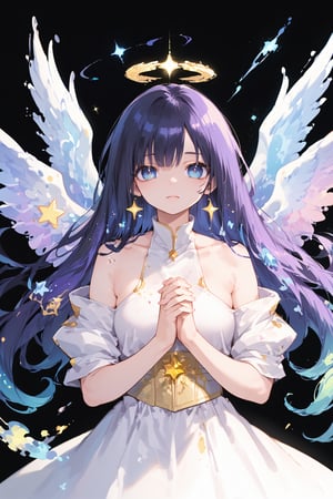 (a beautiful angel in the style of Carne Griffiths, Conrad Roset), (composition by Alphonse Mucha), gorgeous, heavenly, ethereal, soft glow surrounding her, bioluminesence, pitchblack background, long flowing black hair, stars, midnight, hands clasped, more detail XL

BREAK,source_anime,score_7_up,score_8_up,score_9