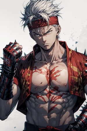 anime style, handsome martial artist male, short spiky hair, very tall, martial arts headband, dnd monk, angry face yelling, wearing open shirt. fit body six pack, wearing iron gauntlets, monochrome, white background, monochrome, white background,nestskyo