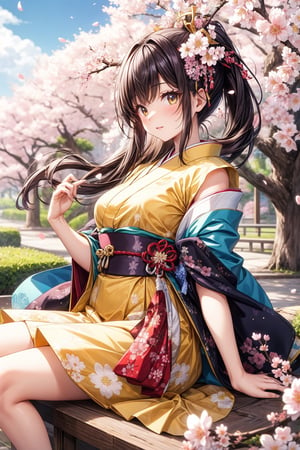 A 16-year-old Japanese beauty,in the sakura flowers.Turn slightly,yellow dress