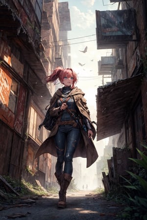 
Imagine a female adventurer exploring a desolate, ruined city. The sky overhead is a dull gray, casting an eerie pall over the crumbling buildings and overgrown streets. She moves cautiously, her boots crunching softly on broken glass and debris. Her attire is rugged and practical: worn leather boots, dark trousers, and a hooded cloak that flutters slightly with the wind. A lightweight backpack is secured on her back, and she holds a flashlight in one hand, the beam slicing through the dimness, revealing faded street signs and hollow storefronts.

This adventurer has an intense, focused expression, her eyes scanning the environment for any signs of danger or items of interest. Her hair is pulled back into a practical ponytail, keeping it out of her face as she navigates through the shadows of the abandoned buildings. Occasionally, she stops to take notes or sketches in a small journal, documenting her findings with a mix of curiosity and caution. The silence of the city is profound, broken only by the occasional rustling of wind through the leaves or the distant call of a bird. As she moves deeper into the heart of the city, the sense of history and loss is palpable, each step taking her further into a forgotten world.