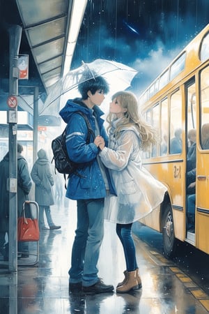 European, two young people, masterpiece, top quality, young man and girl are very in love with each other, both 28 years old. Under the rain, the girl is wearing a raincoat and jeans underneath, the man is wearing a blue jacket and jeans, an extremely sad and emotional scene in the night intercity ((at the bus terminal)). girl is about to break up with her boyfriend, their hands are about to be separated from each other, shot from outside, woman about to be left alone, rain, ((terminal)) man waves to the girl from inside the bus and the girl cries very emotionally, drenched, professional professionalism, crooked, both, facing viewer, seen to viewer, live 8k, ultra realistic, night, upper body, photo r3al, shooting star, photo r3al
