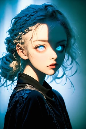 ((top quality)), ((masterpiece)), close portrait view of a young gothic girl with a  hairstyle of punky, ((front view,)) With a black T-shirt, black shaded eyes, Very light blue eyes, very short blonde hair, intricate details, highly detailed eyes, highly detailed mouth, cinematic image, illuminated by soft light,photo of perfecteyes eyes