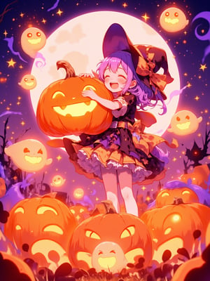 Pumpkin,Pumpkin,Pumpkin!!

Adorable anime-style Halloween scene featuring a cute girl hugging a friendly, glowing pumpkin ghost with a warm smile. Small pumpkin ghosts hover around her, playfully floating in the air, their expressions full of joy and mischief. The girl is dressed in a cute, witch-inspired outfit, and the whole scene radiates a fun, cozy Halloween vibe. The colors are vivid and lively, filled with autumn tones like oranges, purples, and soft, glowing yellows. A glowing full moon and swirling stars create a magical background.
