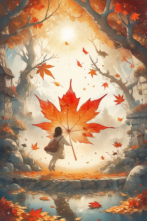 In autumn, orange and red maple leaves form a beautiful picture, subtle and charming light and shadow effects, a dream-like scene, infinite possibilities in the digital world, ultra-realistic, ultra-clear, complex details, ultra-wide-angle lens 16k