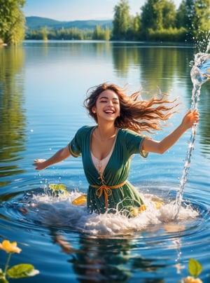 In the middle of the lake, a beautiful young woman is playing in the water, pouring water and having fun