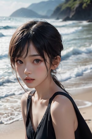 a 5 yo Korean little girl at the beach with long hair and red eyes whole body ,  (hi-top fade:1.3), dark theme, soothing tones, muted colors, high contrast, (natural skin texture, hyperrealism, soft light, sharp)