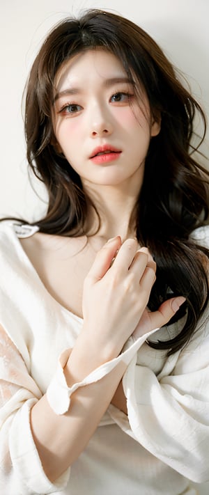 fashion photos,brown long hair, wavy hair, (oversized t-shirt with long sleeves1.4), beautiful Korean 18yo girl, idol face, gorgeous girl, {beautiful and detailed eyes}, {normal limbs and fingers}, ((accurate hands without incongruity)), The face of a young actress in korea, high details, High quality, beauty face, perfect face,  
beautiful accurate face (eyes, nose and mouth), medium_breasts, Detailed face, Detailed eyes, perfect foot, perfect hand, perfect fingers, Clean facial skin, slim and perfect body, film grain, realhands, looking at viewer,Realism,perfect, eyes to left