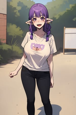 best quality, (masterpiece:1.2), detailed ,solo, open mouth, smile, full body, cowboy shot, light blush,purple hair, long hair, braid, open eyes, pointy ears, facial mark, t shirt, big breasts, earrings, standing, looking at the viewer
