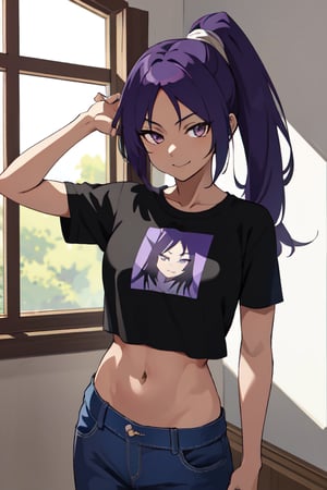 masterpiece, best quality, absurdres, perfect antomy, cowboy shot, standing, indoors, 1girl, solo, Shihouin Yoruichi, purple hair, looking at viewer, smile, t-shirt, midriff, toned, pants,Shihouin Yoruichi