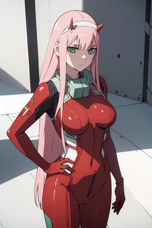 ((best quality)),((highly detailed)),masterpiece,absurdres,detailed face,beautiful face, Zero_Two, green eyes, 1girl, solo, red bodysuit, long hair, pilot suit, pink hair, bodysuit, straight hair, hairband, standing, horns, breasts, bangs, closed mouth,
