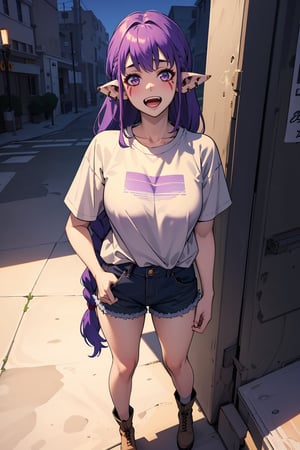 best quality, (masterpiece:1.2), detailed ,solo, open mouth, smile, full body, cowboy shot, light blush,purple hair, long hair, braid, open eyes, pointy ears, facial mark, t shirt,deep breasts, earrings, standing, looking at the viewer