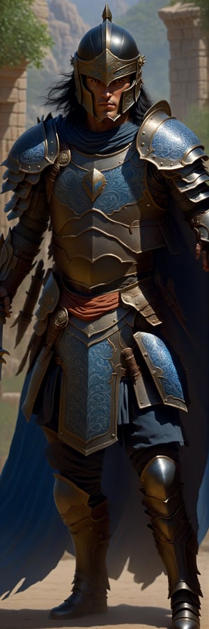 full body, walking pose, male, caramon from dragonlance, warrior, muscular, with a shield and a sword, ((black hair and helmet)), (armour with intricate pattern), (insanely detailed, bloom), (highest quality, Alessandro Casagrande, Greg Rutkowski, Sally Mann, concept art, 4k), (analog), ((high sharpness)), (detailed pupils), (painting), (digital painting), detailed face and eyes, Masterpiece, best quality, (highly detailed photo), 8k, photorealistic, sharp, (perfect body), realistic, real shadow, 3d, (fighting background)