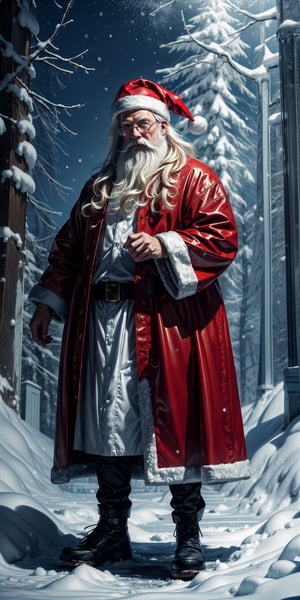 illustration,  Santa Claus, cinematic lighti, highest quality, ultra detailed realism, detailed face, detailed eyes, best quality, hyper detailed, Masterpiece, Top Quality, Best, Official Art, Beautiful and Aesthetic, Long Exposure: 1 old man, Wear red Christmas costume,Charming Patterns, Icy, White , winter, ice throne, witchcraft, Tone of Magic in Blue, strong glow in neon blue, in the background a blizzard covering the environment, (full body)
