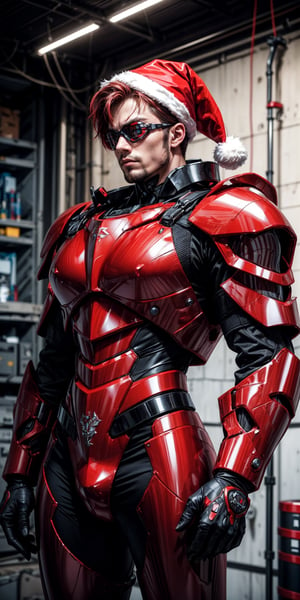 photographic cinematic super super high detailed super realistic image, 4k HDR high quality image, masterpiece,8k , photorealistic,1man,(Wear red Christmas costume,Wearing red Christmas hat),red_hair/red_eyes,beard,undercut,,cyberpunk style, wearing sci-fi goggles, wearing armor,His physique is extremely muscular and imposing, radiating an aura of power.  high detail, octane render, red armor with chrome plating, bright red andbblack back contrast light,dynamic pose, ,mecha musume
