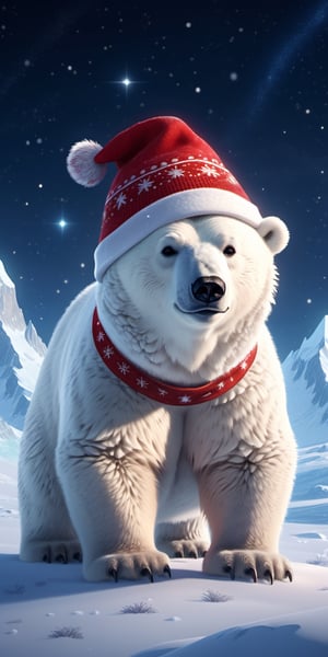 8K, Ultra-HD, Natural Lighting, Moody Lighting, Cinematic Lighting,detailed,CG,unity,extremely detailed CG,
solo,cute polar bear,(Wearing red Christmas hat,Gift),starry sky ,snow,magic, glaciers, a starry night at the North Pole(distant view, full body)