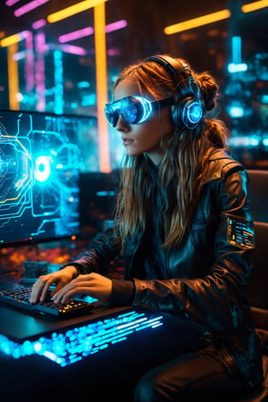 futuristic computer user interface, intense hacker girl sitting in front her hologram computer, floating infographic hologram, glowing holographic neural network, data network flowing, bokeh, bloom, bioluminescentdynamic pose,sci-fi goggles, earphone
, Sony Alpha ILCE α6400 + 35mm STM Lens, hyperrealistic photography, wide shot, , style of unsplash and National Geographic,Movie Still,EpicSky,DonMCyb3rN3cr0XL ,cyberpunk style,neon photography style