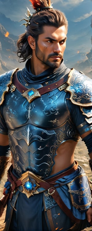 high quality, 8K Ultra HD, ultra-realistic, Behold the breathtaking beauty of the stunning beautiful male magic warrior, the embodiment of an RPG protagonist, , Every detail of beautiful male magic warrior is meticulously crafted, capturing a sense of realism akin to a photo, dorned with celestial runes and symbols, the hilt channels the very essence of the cosmos, empowering her with unrivaled magical might, His attire is a masterpiece of enchantment, blending midnight blues and silvery hues to create an ethereal aura, , A full set of armor, expertly crafted with intricate patterns and celestial motifs, both protects and enhances his magical heritage,high detailed,