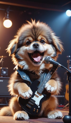 8K, Ultra-HD, Natural Lighting, Moody Lighting, Cinematic Lighting,detailed,CG,unity,extremely detailed CG,
solo,cute dog,A fluffy hardrock dog guitarist, brutally and violently screaming into his microphone, 