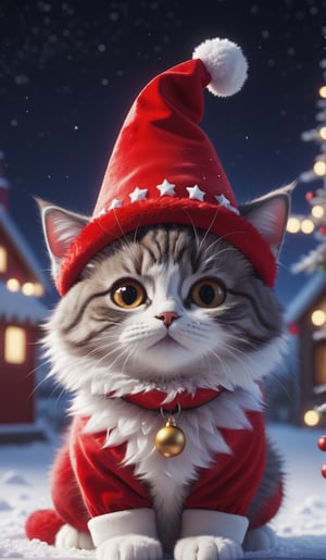 8K, Ultra-HD, Natural Lighting, Moody Lighting, Cinematic Lighting,detailed,CG,unity,extremely detailed CG,
solo,cute cat,A fluffy cat,(Wear red Christmas costume,Wearing red Christmas hat),starry sky ,snow,