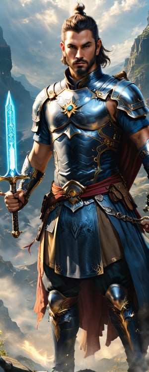 high quality, 8K Ultra HD, ultra-realistic, Behold the breathtaking beauty of the stunning beautiful male magic warrior, the embodiment of an RPG protagonist, now wielding the legendary holy sword, Excalibur,, Every detail of beautiful male magic warrior is meticulously crafted, capturing a sense of realism akin to a photo, dorned with celestial runes and symbols, the hilt channels the very essence of the cosmos, empowering her with unrivaled magical might, His attire is a masterpiece of enchantment, blending midnight blues and silvery hues to create an ethereal aura, , A full set of armor, expertly crafted with intricate patterns and celestial motifs, both protects and enhances his magical heritage,high detailed,