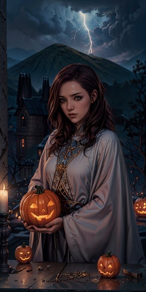 8K, Ultra-HD, Natural Lighting, Moody Lighting, Cinematic Lighting,
detailed,CG,unity,extremely detailed CG,movie style, 
a woman holding a glowing ,Jack O'Lanterns in her hands,  fantasy art, long flowing red hair, a pentagram shield,  lightning mage spell icon, benevolent android necromancer, high priestess tarot card, anime goddess, upper body,r1ge