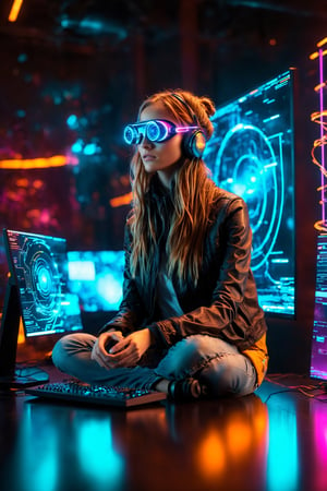 futuristic computer user interface, intense hacker girl sitting in front her hologram computer, floating infographic hologram, glowing holographic neural network, data network flowing, bokeh, bloom, bioluminescentdynamic pose,sci-fi goggles, earphone,back focus,
, Sony Alpha ILCE α6400 + 35mm STM Lens, hyperrealistic photography, wide shot, , style of unsplash and National Geographic,Movie Still,EpicSky,DonMCyb3rN3cr0XL ,cyberpunk style,neon photography style