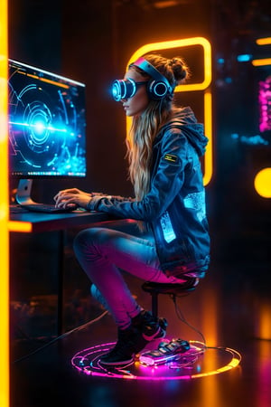 futuristic computer user interface, intense hacker girl sitting in front her hologram computer, floating infographic hologram, glowing holographic neural network, data network flowing, bokeh, bloom, bioluminescentdynamic pose,sci-fi goggles, earphone,facing away,
, Sony Alpha ILCE α6400 + 35mm STM Lens, hyperrealistic photography, wide shot, , style of unsplash and National Geographic,Movie Still,EpicSky,DonMCyb3rN3cr0XL ,cyberpunk style,neon photography style