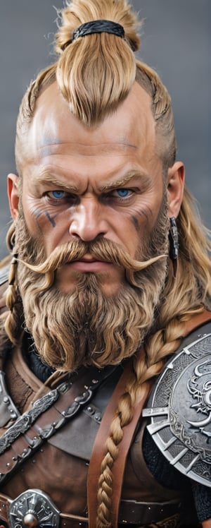masterpiece､ultra Detailed, hyper Quality, 1 Elder Nordic Viking Warrior,one eye, black leather eye patch,light brown hair, braded hair, long beard, Viking lightsaber
