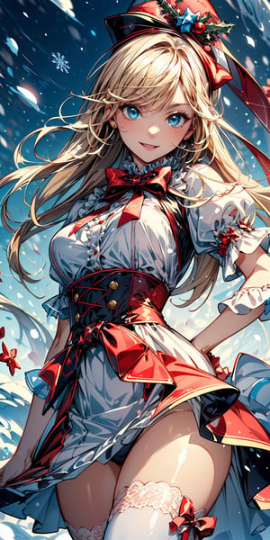 (best quality, masterpiece, illustration, designer, lighting), (extremely detailed CG 8k wallpaper unit), (detailed and expressive eyes), detailed particles, beautiful lighting, a cute girl, long blonde hair, (Wear red Christmas costume,Wearing red Christmas hat),light smile,donning a beautiful red and white dress with ruffles and lace, sheer pink stockings, transparent red crystal shoes, bows around her waist,snow (Alice in Wonderland),  (Pixiv anime style), (Wit studios),(manga style), 