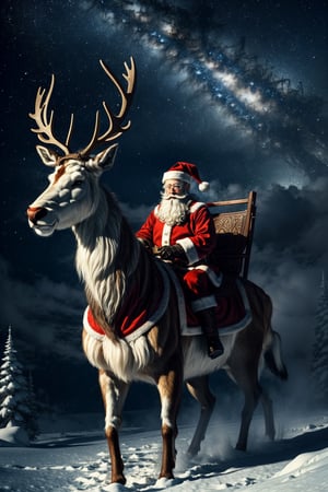 a visual stunning photo of a Santa Claus riding a reindeer  , centered, key visual, intricate, highly detailed, breathtaking beauty, precise lineart, vibrant, comprehensive cinematic, best best quality, ultra sharp focus, volumetric atmosphere,  a starry night at the North Pole,snow,white snowflakes