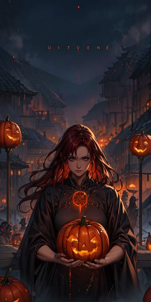 8K, Ultra-HD, Natural Lighting, Moody Lighting, Cinematic Lighting,
detailed,CG,unity,extremely detailed CG,movie style, 
a woman holding a glowing ,Jack O'Lanterns in her hands,  fantasy art, long flowing red hair, a pentagram shield,  lightning mage spell icon, benevolent android necromancer, high priestess tarot card, anime goddess, upper body,straight-on,